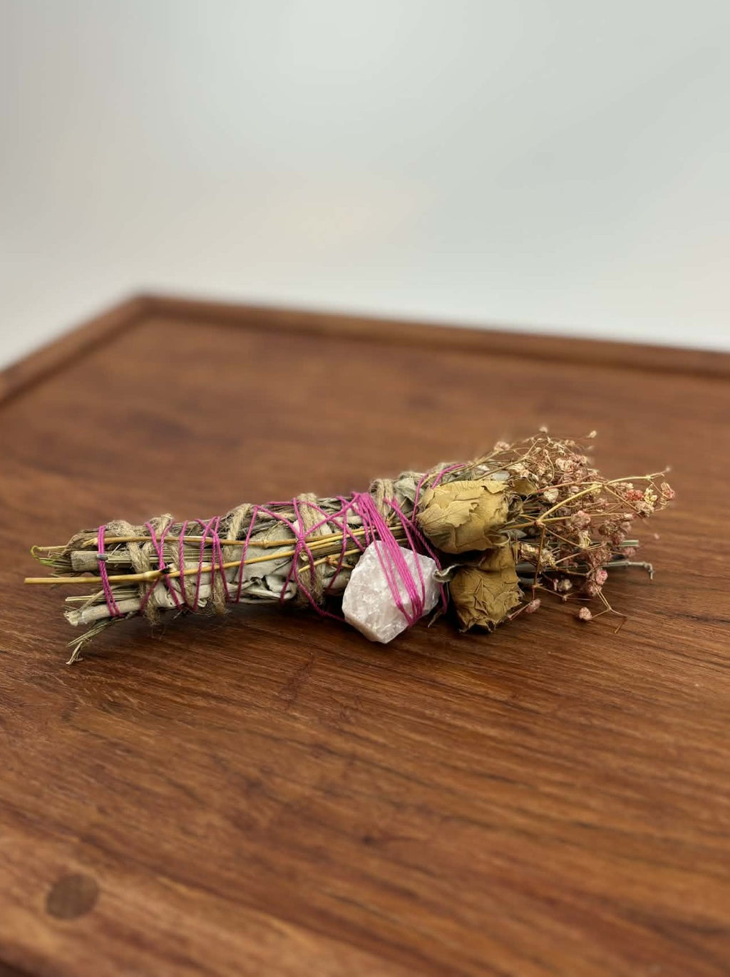 Hand-Tied Botanical Bundle with Crystal – Dried Floral Sage Bundle