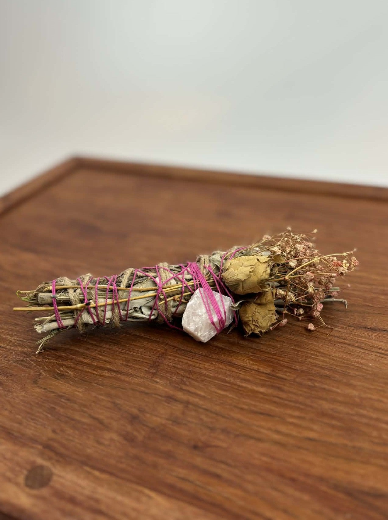 Hand-Tied Botanical Bundle with Crystal – Dried Floral Sage Bundle