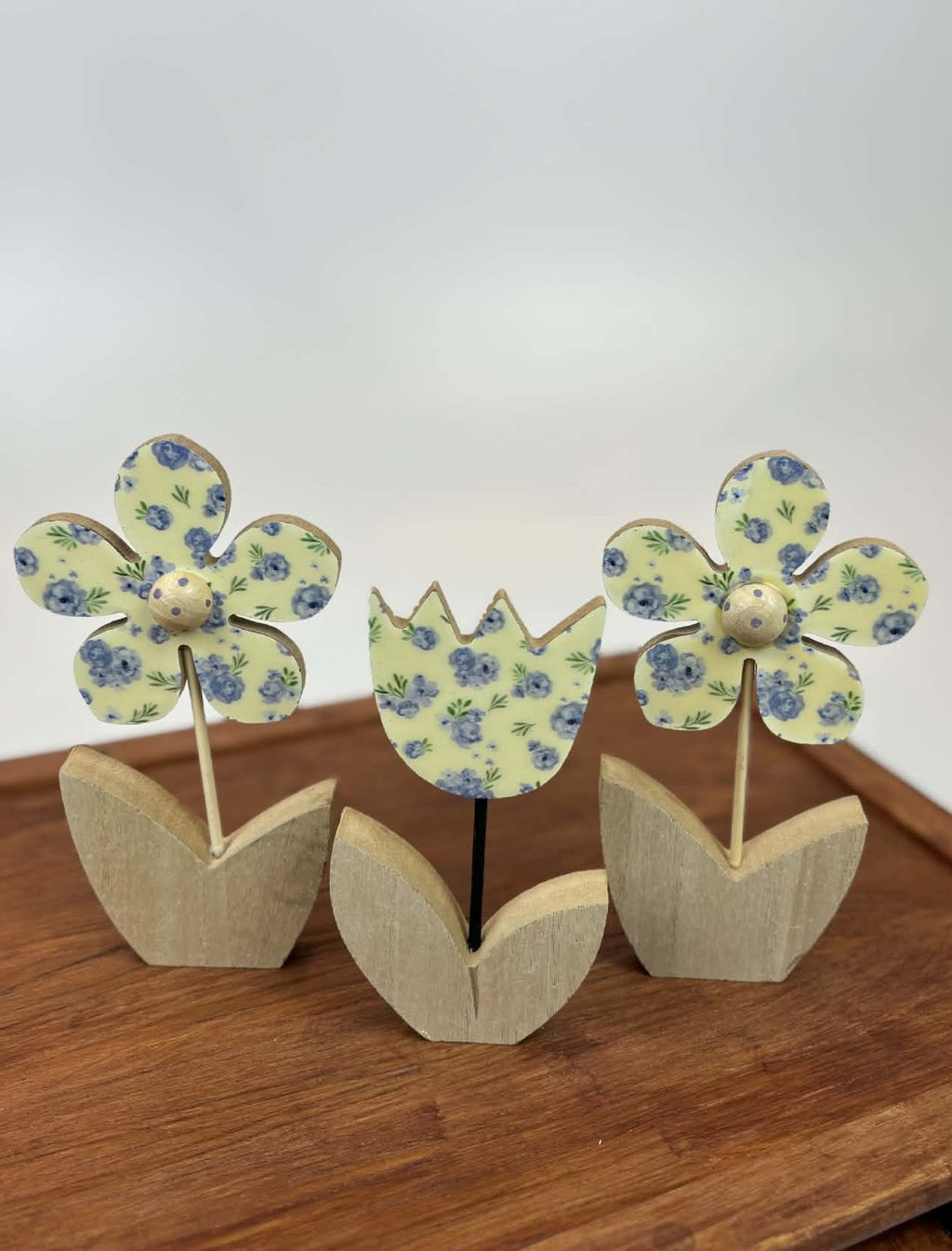 Blue Floral Wooden Decor Set (Set of 3)