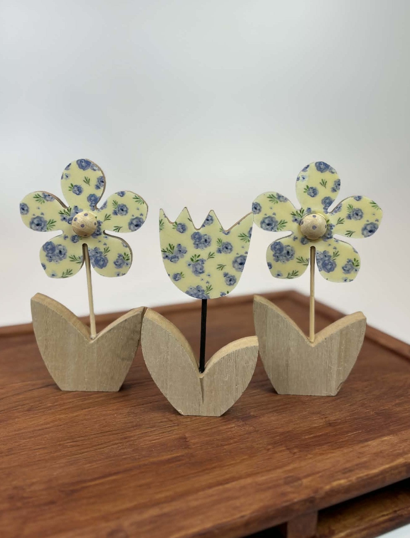 Blue Floral Wooden Decor Set (Set of 3)