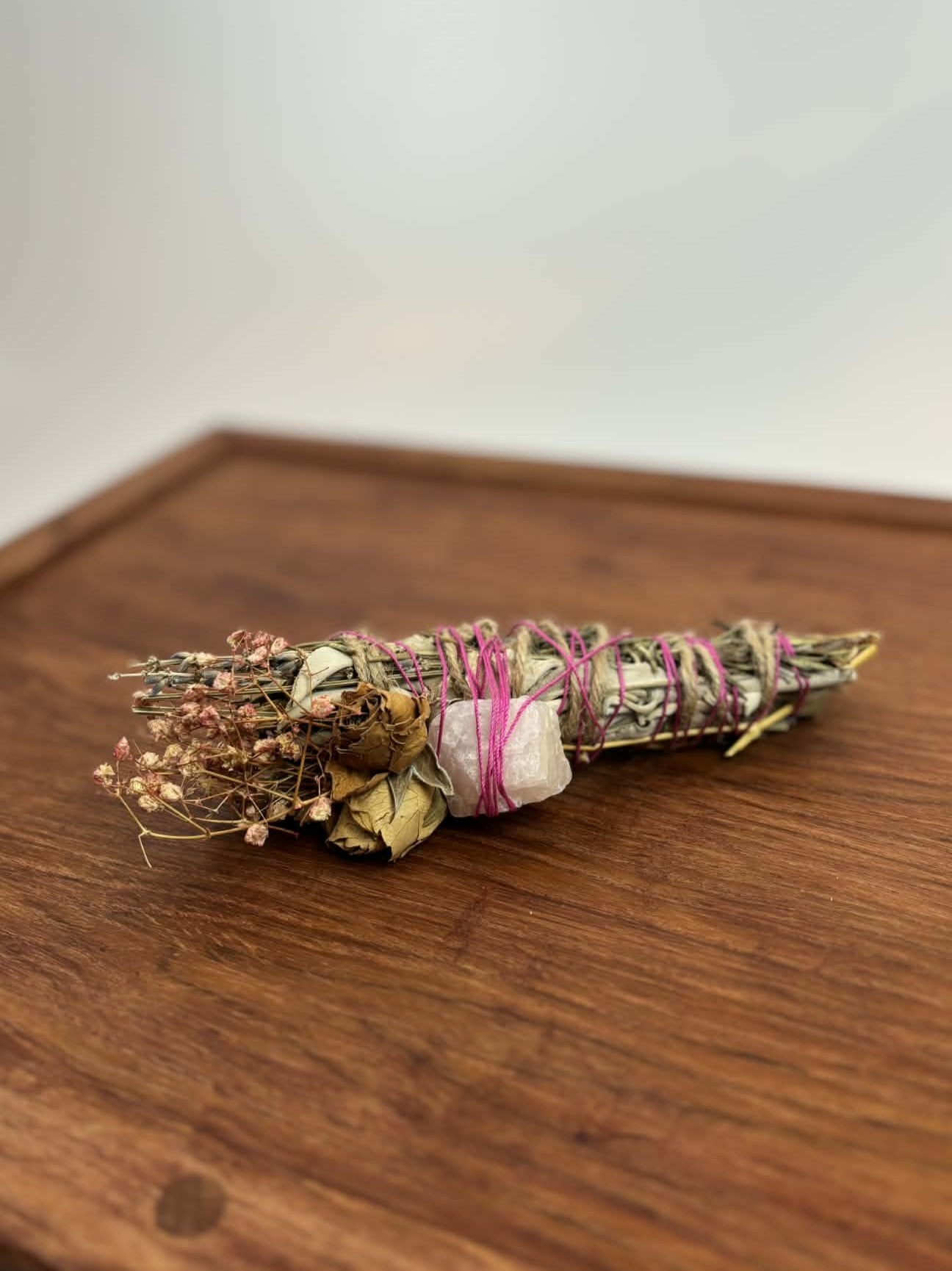 Hand-Tied Botanical Bundle with Crystal – Dried Floral Sage Bundle