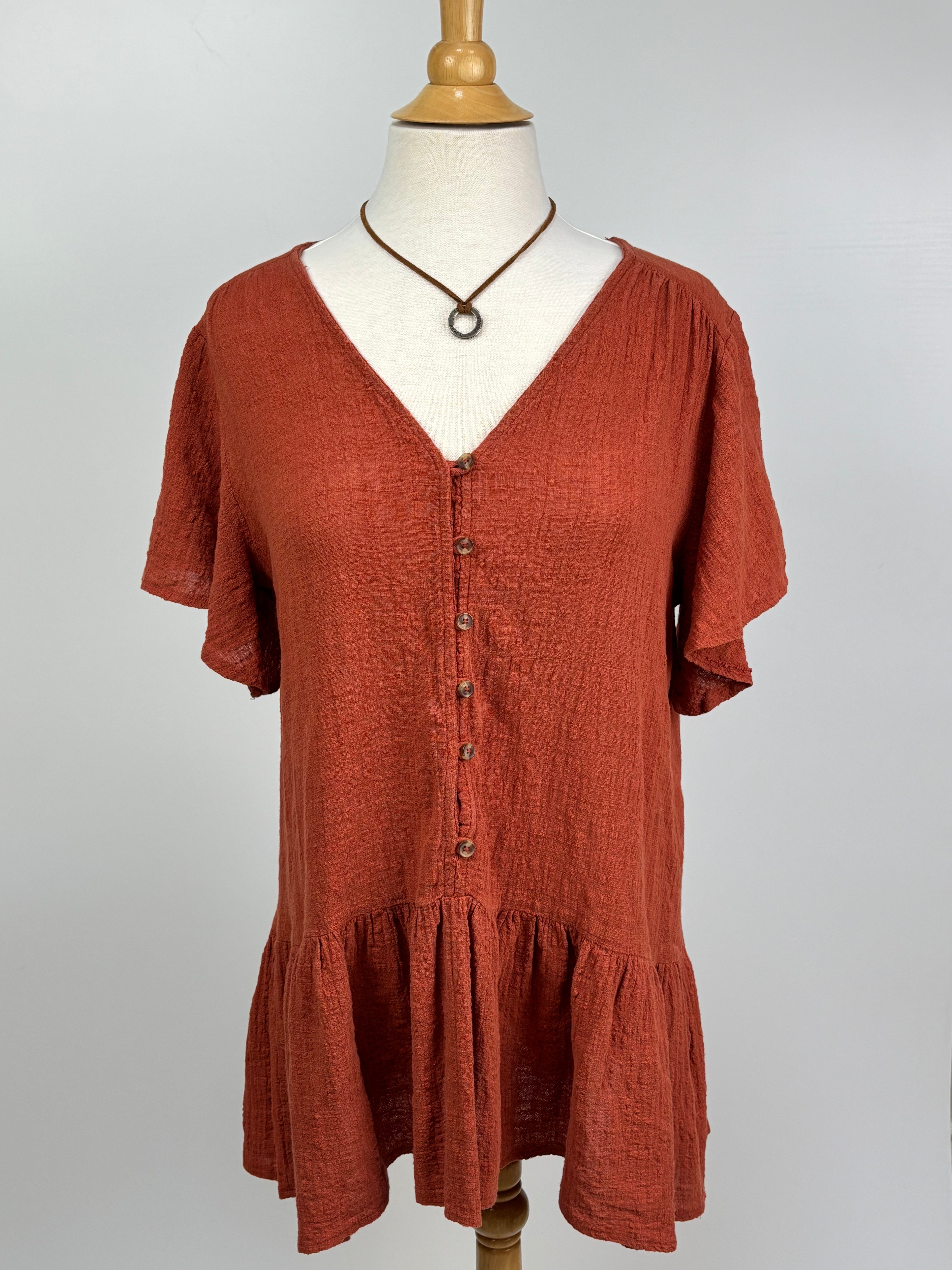 Little Lies Burnt Orange Cotton Ruffle Top – Size 12