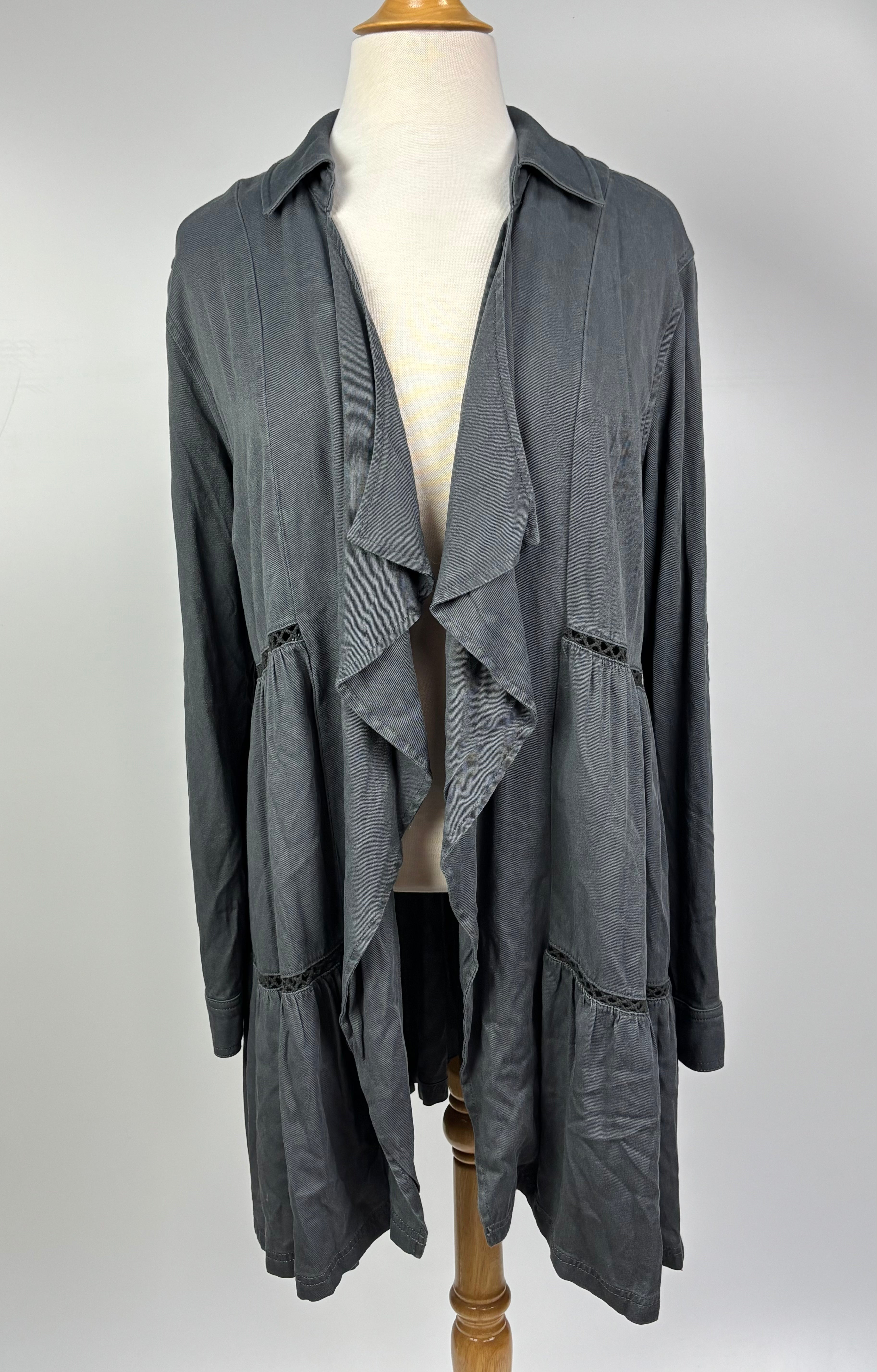 Draped Open-Front Cardigan with Roll-Up Sleeves – Size Large