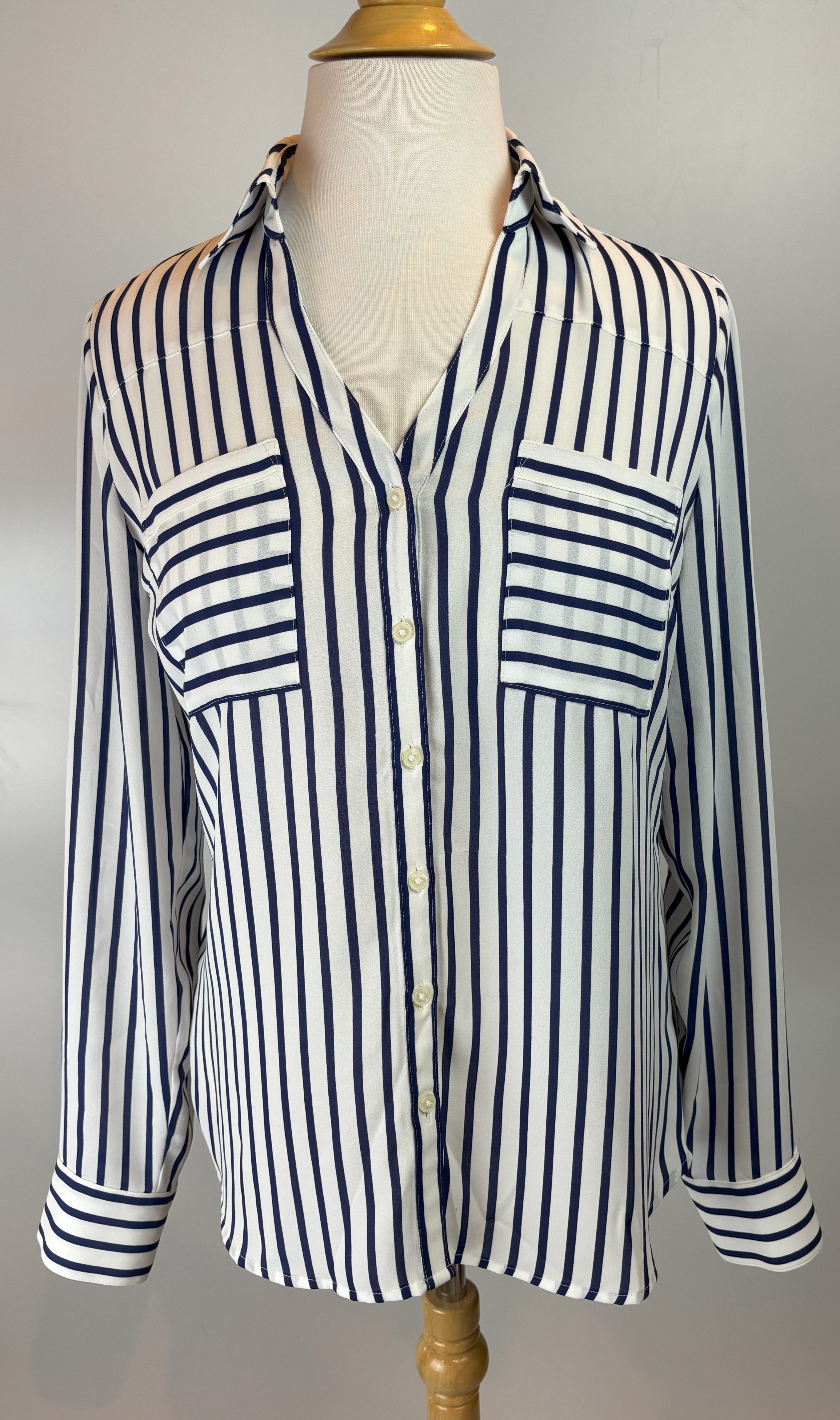 Blue & White Striped Button-Down Blouse — Express (Small Petite)