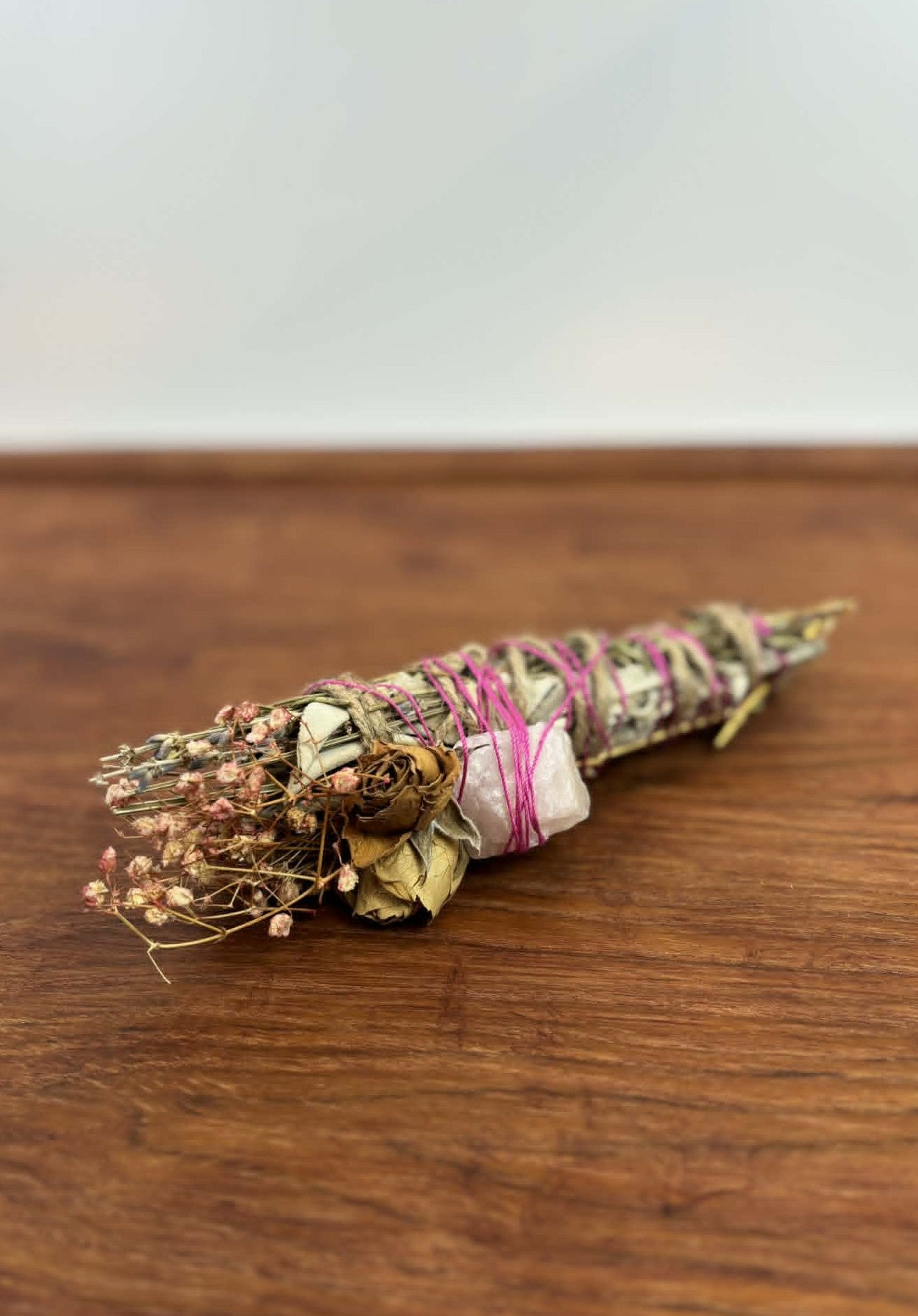 Hand-Tied Botanical Bundle with Crystal – Dried Floral Sage Bundle